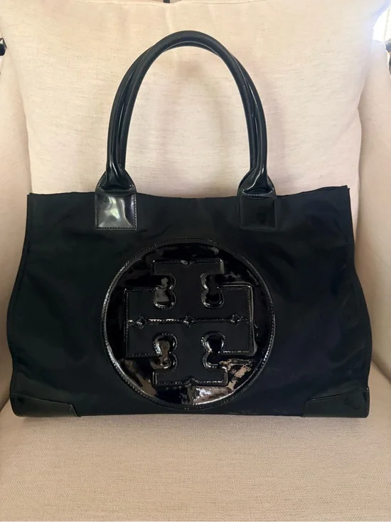 Tory Burch Black Ella Tote Bag with Gloss Logo Accent