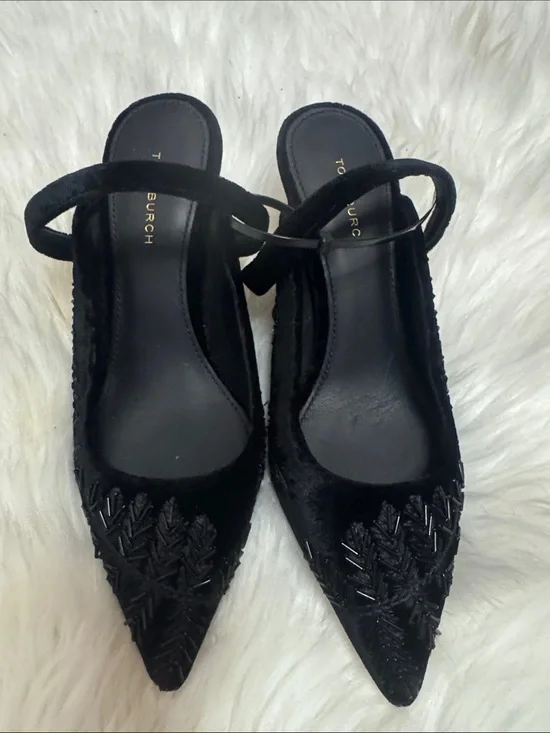 Tory Burch Black Velvet Pointed Slingback Heels with Bead Detail