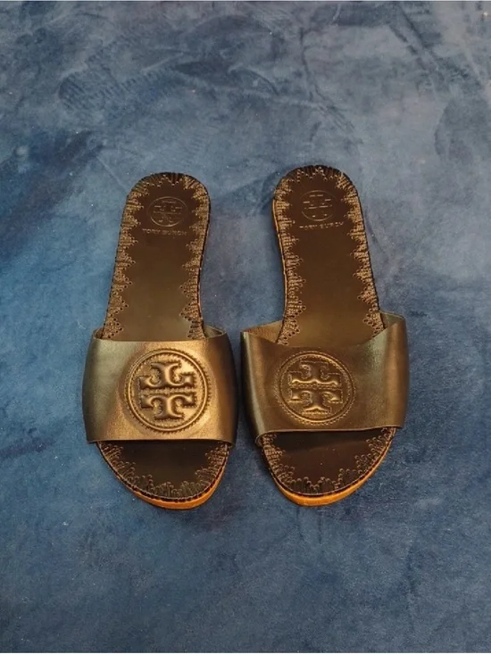 Tory Burch Black Leather Logo Slide Sandals