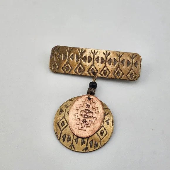 Unique Bronze Copper Geometric Boho Artisan Pin Brooch‎ Southwestern Design