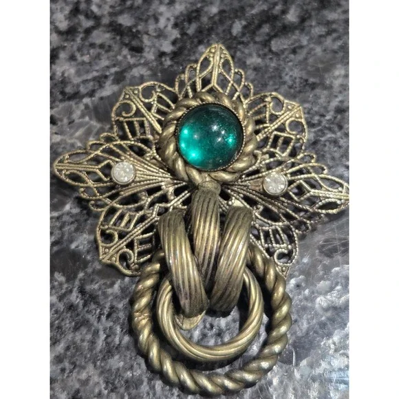 Vintage Antique Gold Filigree Door Knocker Brooch Green Cabochon Rhinestone Pin