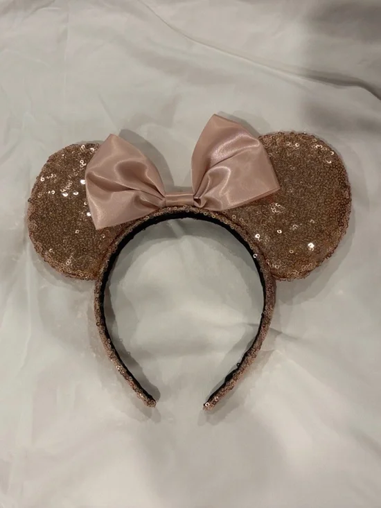 Kids Sequined Mouse Ear Headband with Bow - Rose Gold