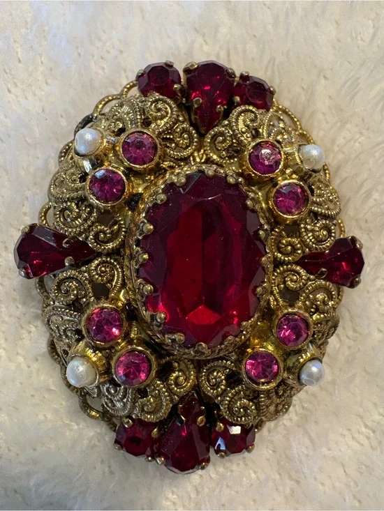 Vintage-Style Gold Tone Brooch with Deep Red Glass Stones