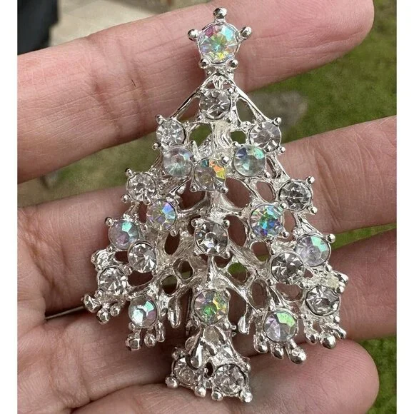 VTG Christmas Tree Brooch Pin 2 Inch Silver‎ Rhodium Multicolor AB Rhinestones