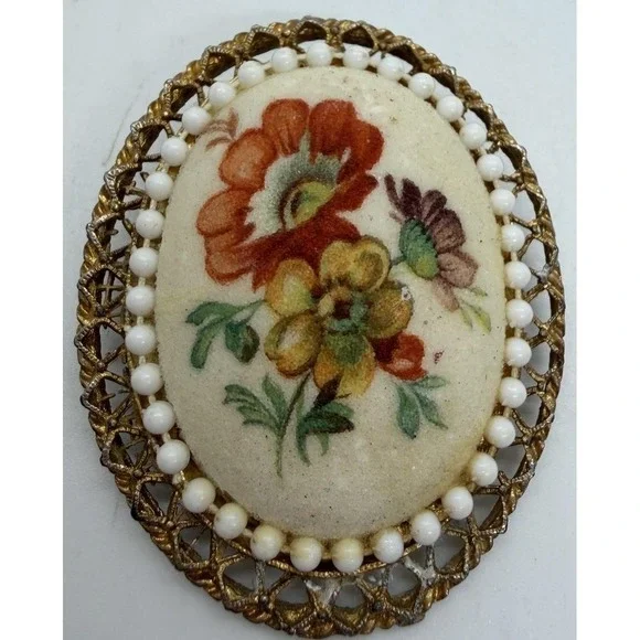 Vintage 1950s W Germany Sugared Cameo Brooch Pin Hand Painted Floral Flower