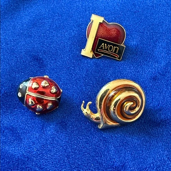Avon Red Heart, Red & Black Ladybug, and Gold Snail Enamel Pin Set