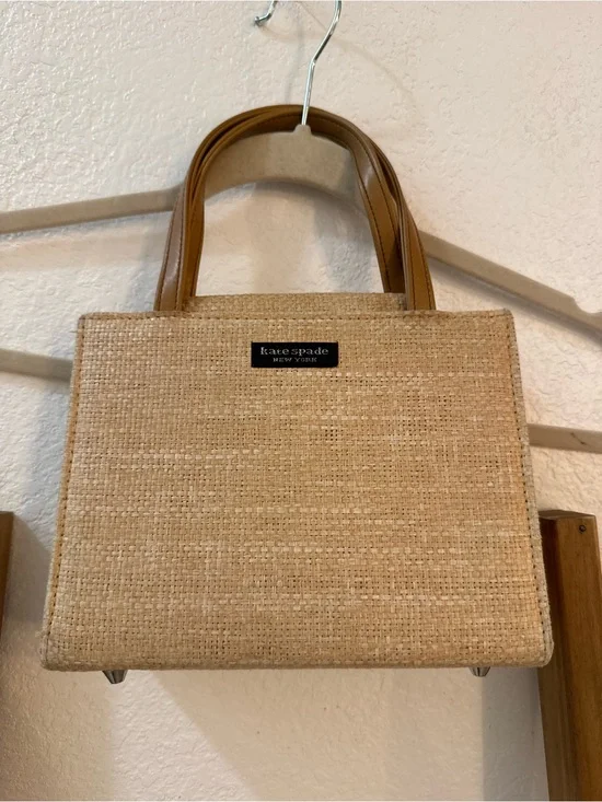 Kate Spade Natural Raffia Tote with Tan Leather Handles Colorful Interior