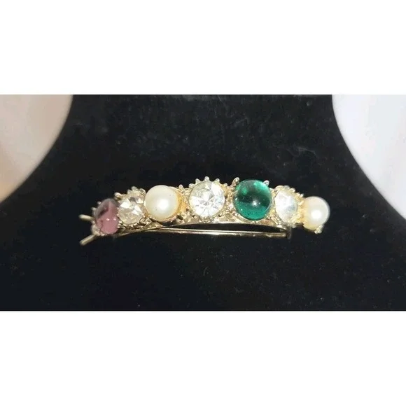 Gold Tone Crescent Moon Brooch Pin Faux Pearls Green Pink Clear Rhinestones