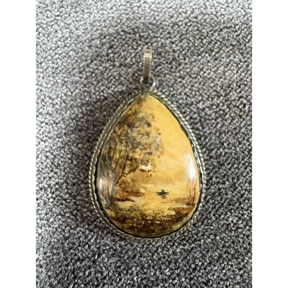 Vintage Russian Sterling‎ Silver & Hand Painted Fedoskino Landscape Pond 1991