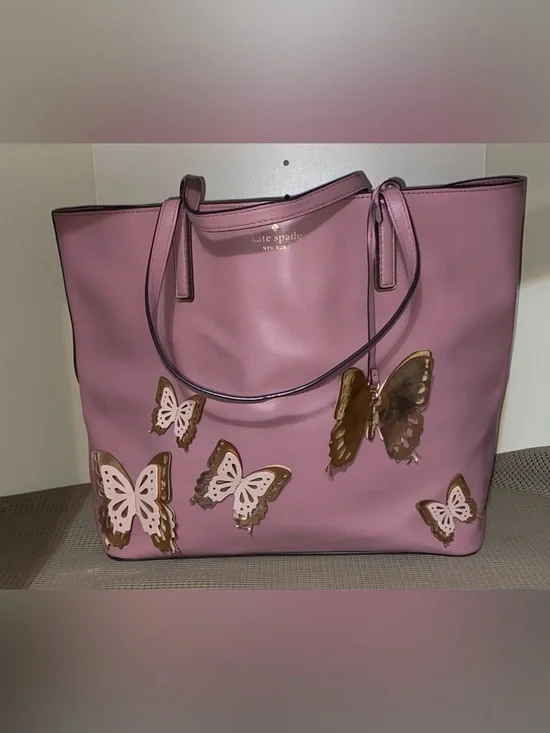 kate spade Pink Leather Butterfly Tote with Gold Accents