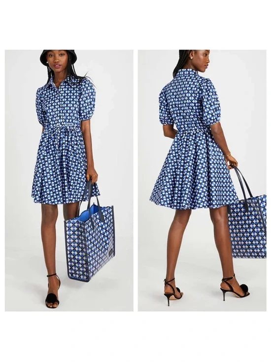 kate spade - patio tile shirtdress mini dress waist cinch puff sleeve size xxs