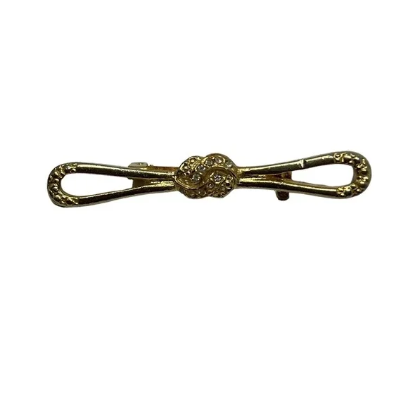 Vintage Bar Brooch Clear Rhinestone and Gold‎ Tone Bow Pin