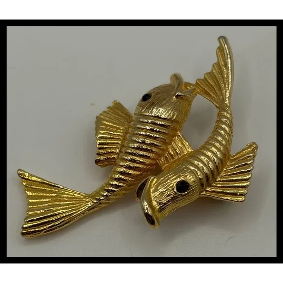 Vintage Double Koi Fish Brooch  Gold Textured Animal Jewelry