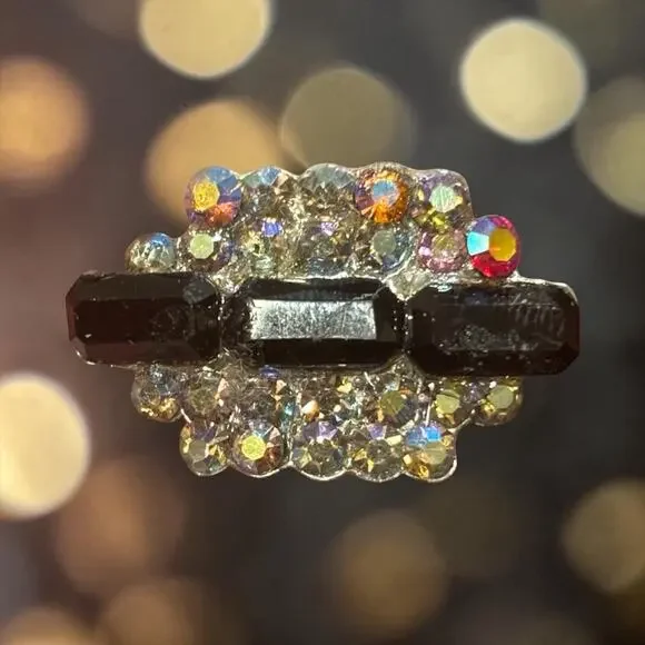 Vintage Aurora Borealis Rhinestone Bar Brooch Black Glass Atomic Mid Century