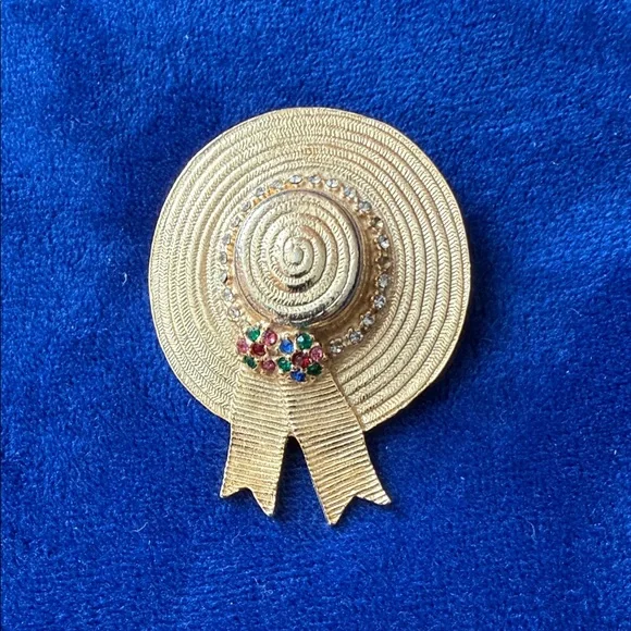 Gold Tone Straw Hat Brooch with Colorful Rhinestones