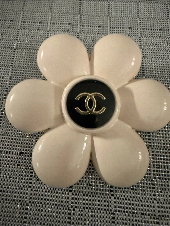 Chanel Flower Brooch in Cream with Black & Gold Logo