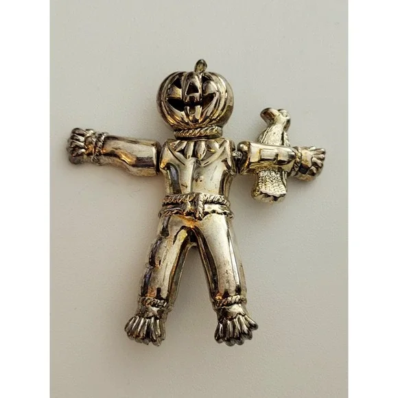 Vintage Best Scarecrow Jointed Brooch Pendant Silver Articulating‎ Halloween Pin
