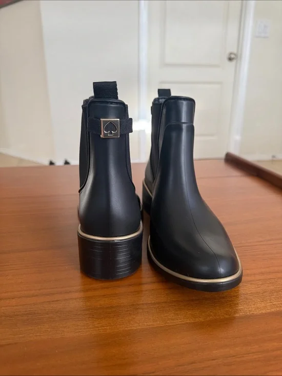 NEW kate spade Black Chelsea Rain Booties with Gold Trim