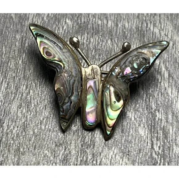Vintage Mexican Abalone Shell Inlay Butterfly Brooch Pin Signed Hecho en Mexico