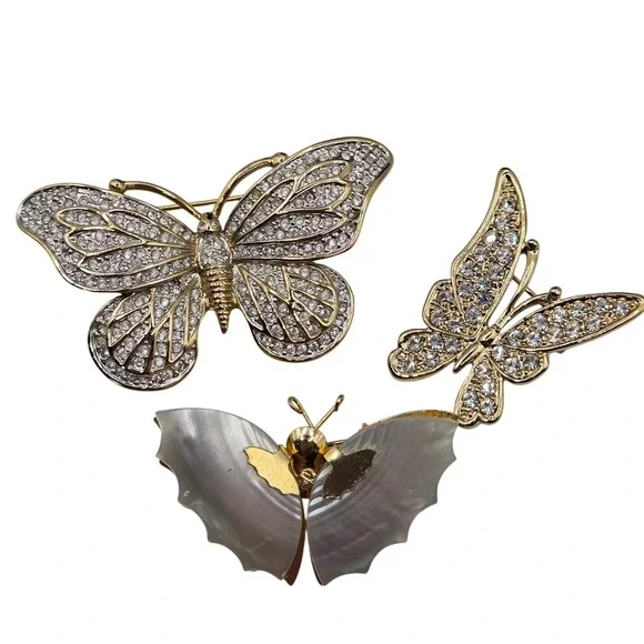 VTG Brooch 3PC Cottagecore Boho Butterflies Gold Silver Tone Sparkle Set Figural