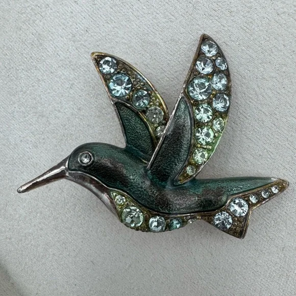 VTG‎ Liz Claiborne LC Hummingbird Brooch Green Enamel Rhinestone Bird Pin Signed