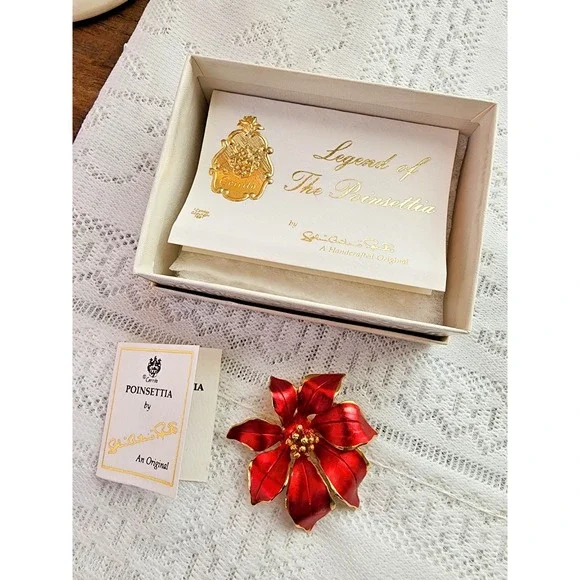 Vintage Christmas Poinsettia Brooch Pin By Cerrito Red Enamel Love Symbol Gift