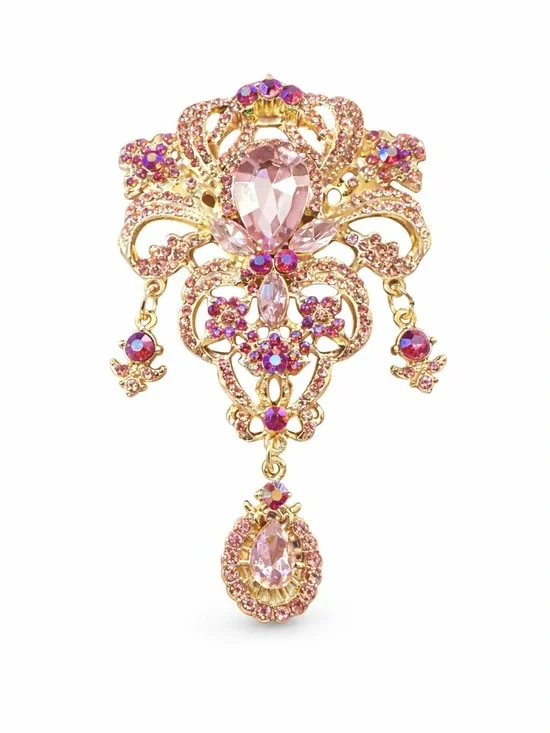 Vintage‎ Style Pink Rhinestone Statement Brooch Gold Tone Dangle Large NEW
