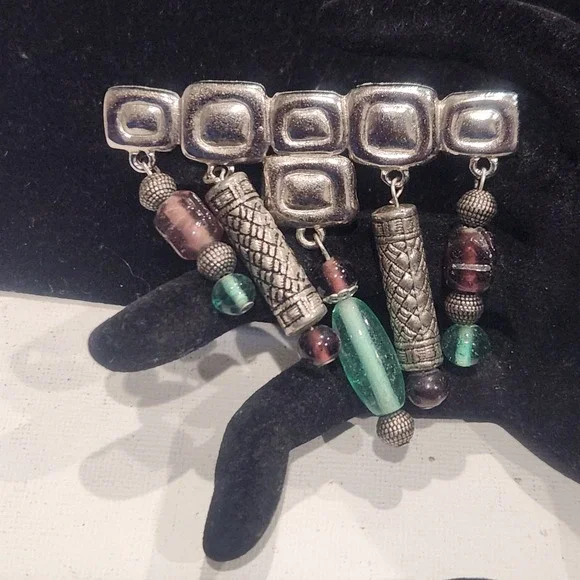 JJ Jonette Vintage Silver Tone Geometric‎ Dangle Brooch Purple Teal Beads