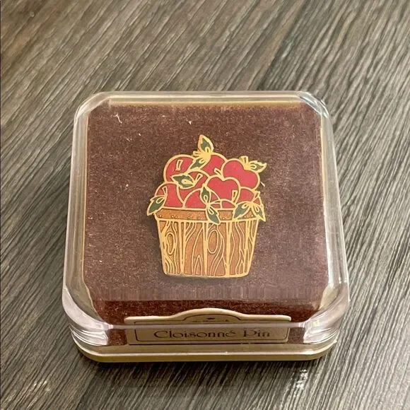 Vintage Hallmark Cards Inc. Enamel - Cloisonné Apple-in-a-basket Pin - Brooch