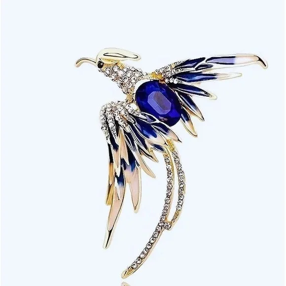 Blue Crystal Phoenix Bird Brooch Gold Tone Enamel Rhinestone‎ Statement Pin
