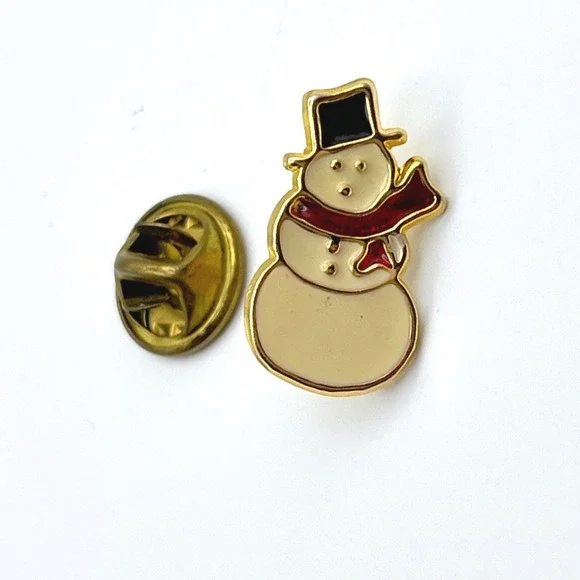 Snowman Enamel‎ Pin Gold Tone Holiday Christmas Red Scarf Black Top Hat Festive