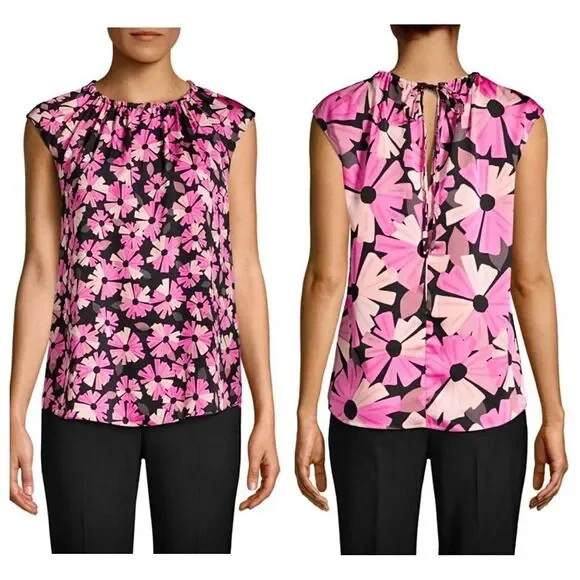 Kate Spade Wallflower Tie Neck Blouse Top Shell Pink Black Floral Printed S
