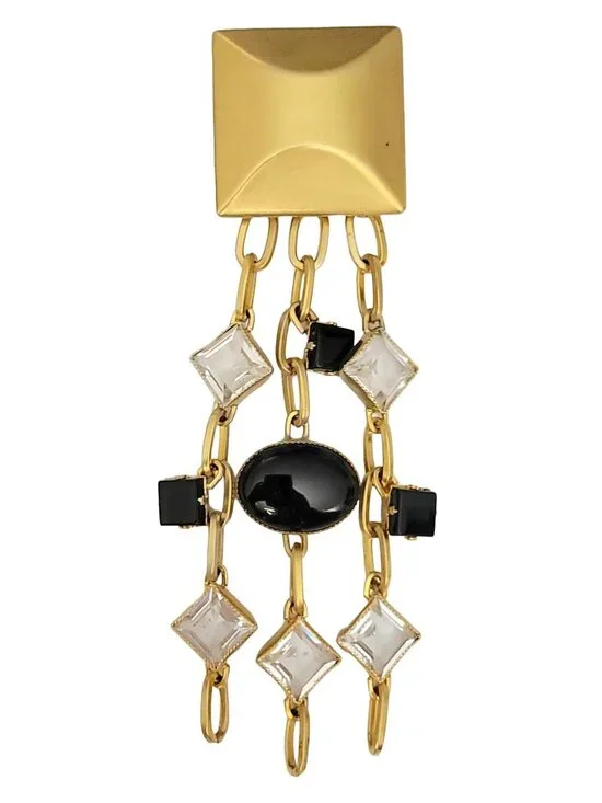 Gold Tone Square Bar With Clear, Black Rhinestone, Chain Dangles Brooch