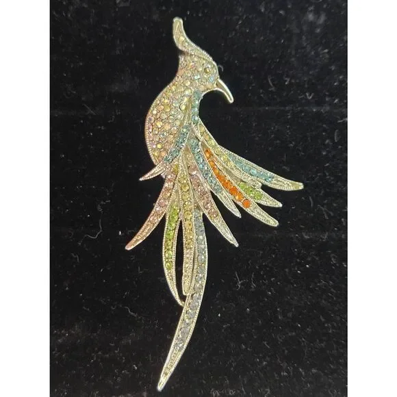 Vintage Silver Tone Multicolored Rhinestone Cockatoo Pin Brooch