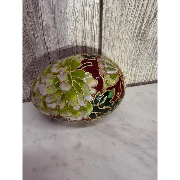 Vintage Cloisonne Enamel Floral Egg Burgundy Pink Green Gold Tone 3.5 Inch