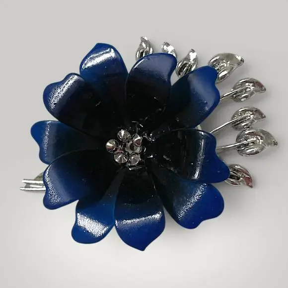 Vintage Signed Coro Blue Enamel Flower Brooch Silver Tone Floral Pin
