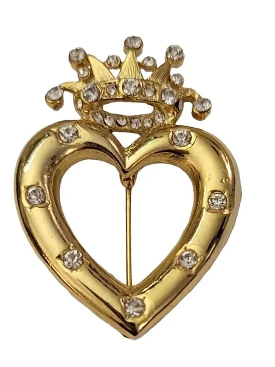 Gold Tone Heart Crown Clear Rhinestone Brooch Pin K830