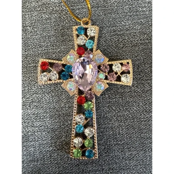 Rhinestone‎ Cross Medal Gold Tone 2.5