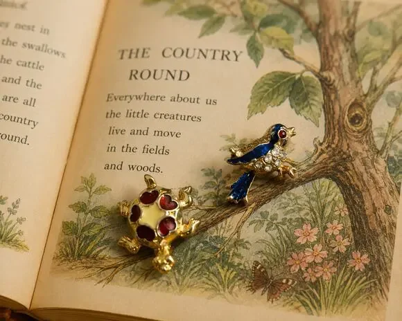 Vintage Mini Turtle Bird Brooch Bundle Gold Tone Enamel Rhinestone Pins