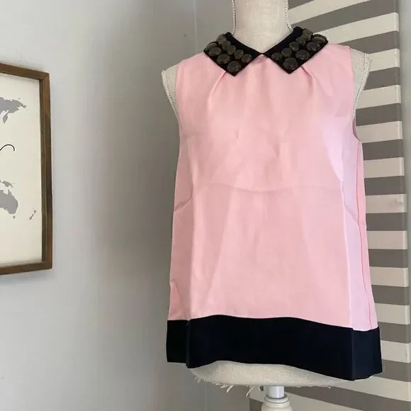 Kate Spade Pink & Black Jeweled Embellished Chic Peter Pan Collar Blouse Size 6