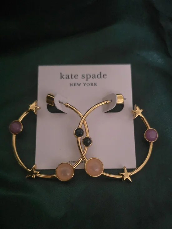 kate spade gold hoop earrings with pink and black accents