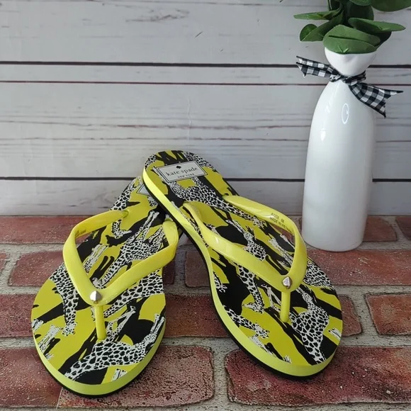 Kate Spade Flip Flops Women's Feldon‎ Giraffe Sandal Yellow Black NWT Size 7/8