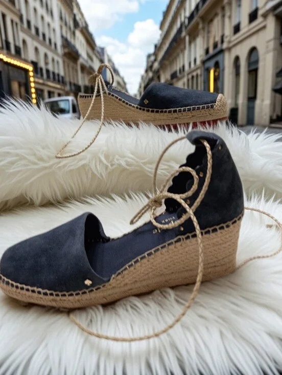 kate spade New York Polly Blazer Blue Suede Espadrille Wedge Lace-Up Shoes Flaw