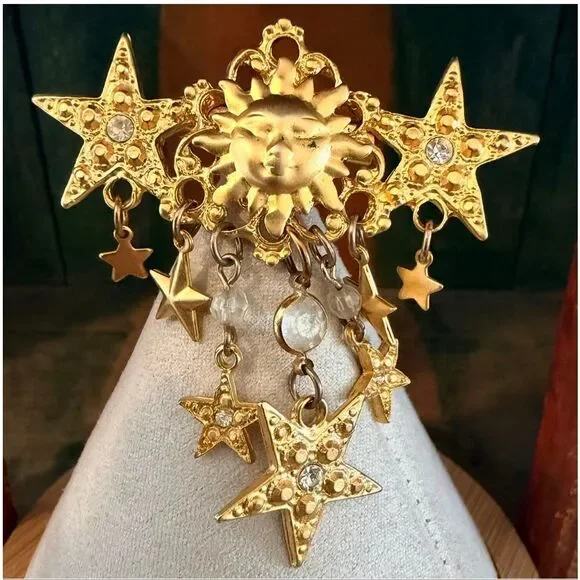 Celestial Sun Moon Stars Dangle Brooch