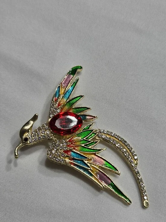 Gold-Tone Multicolor Parrot Brooch with Red Stone - Pets Bird Accessory