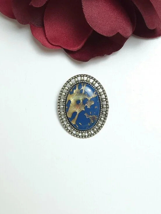 Handmade Blue & Metallic Gold Paint Swirl Silver Tone Brooch