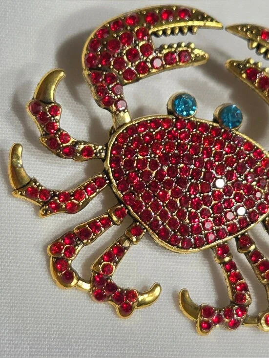 Gold-Tone Red Crystal Crab Brooch with Blue Accents