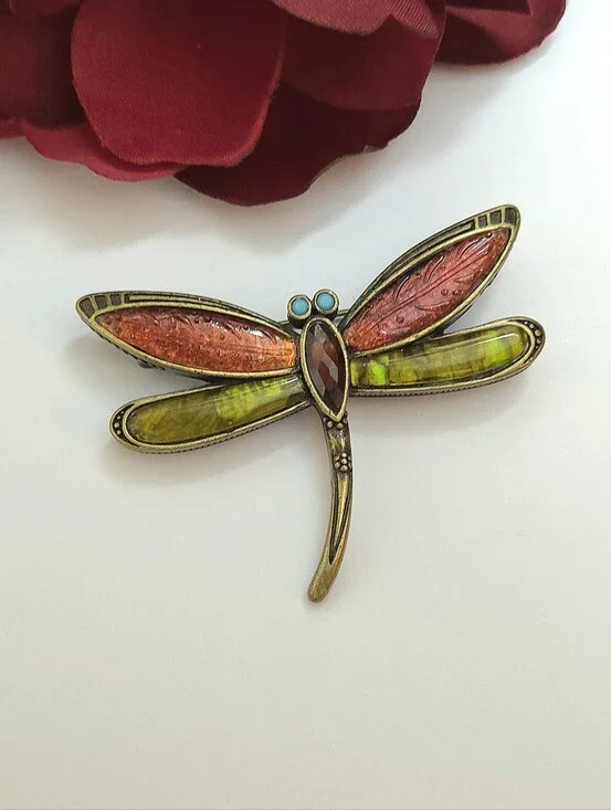 Vintage Liz Claiborne Red Lucite & Abalone Dragon Fly Brooch Antiqued Gold