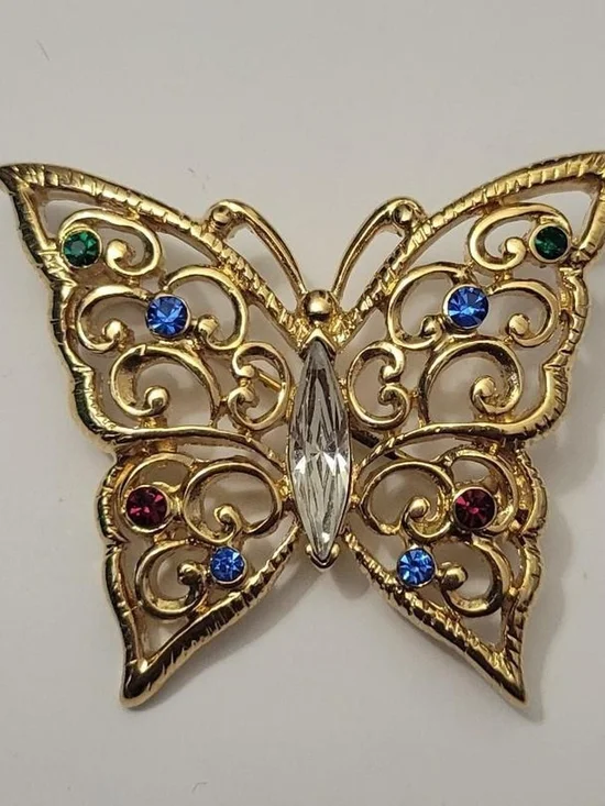 Monet Gold Plated Butterfly Brooch with Multicolor Crystals