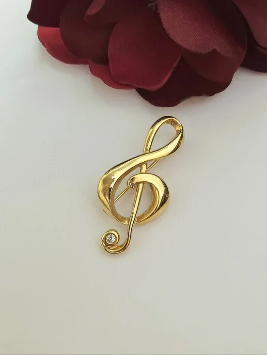 Vintage Liz Claiborne LC Gold Tone & Crystal Music Note Brooch